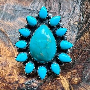 Sterling Silver & Kingman Turquoise Statement Cluster Ring Size 8